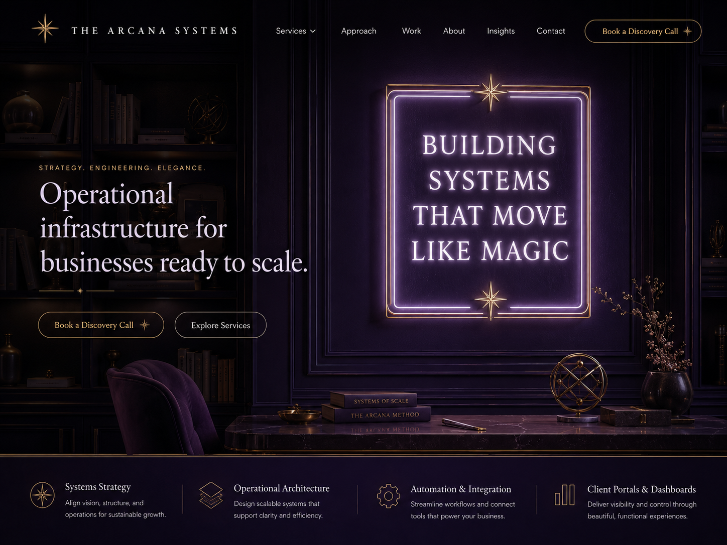 The Arcana Systems dark violet luxury homepage with neon sign reading Building Systems That Move Like Magic.